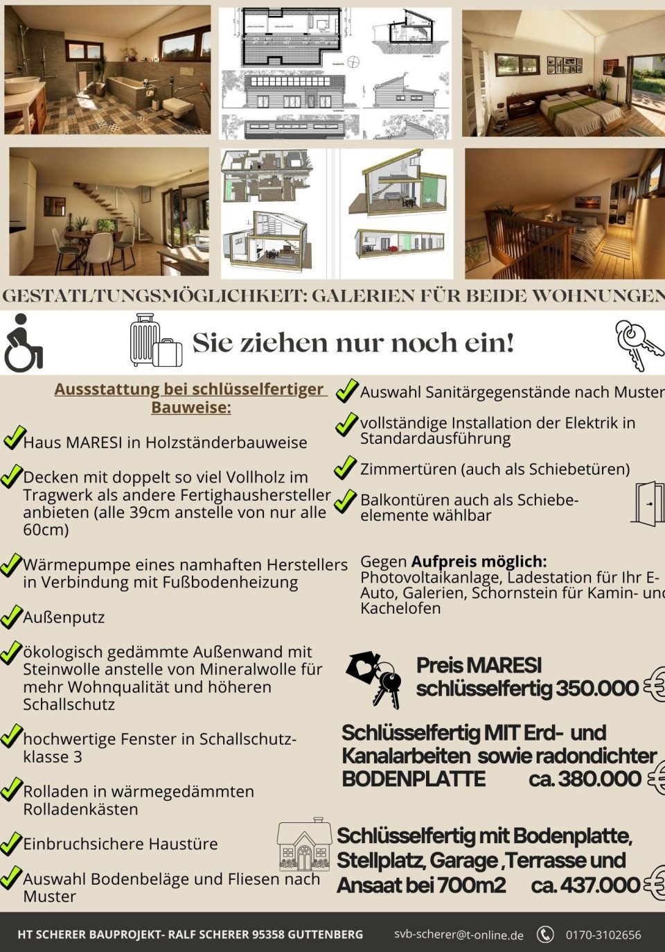 Infografik zur schlüsselfertigen Ausstattung des Bungalows Maresi in Holzständerbauweise mit Bauplänen, Innenraum-Visualisierungen und Preis
