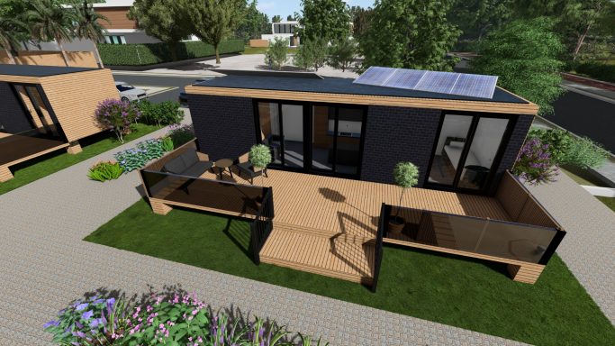 Moderne, nachhaltige Holzbauweise mit Terrasse und Solarpanelen in grüner Umgebung.