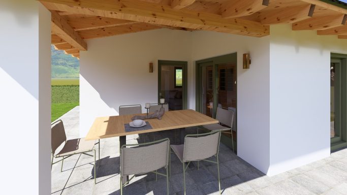 Moderne Terrasse mit Tisch, Stühlen und Blick auf eine grüne Landschaft.