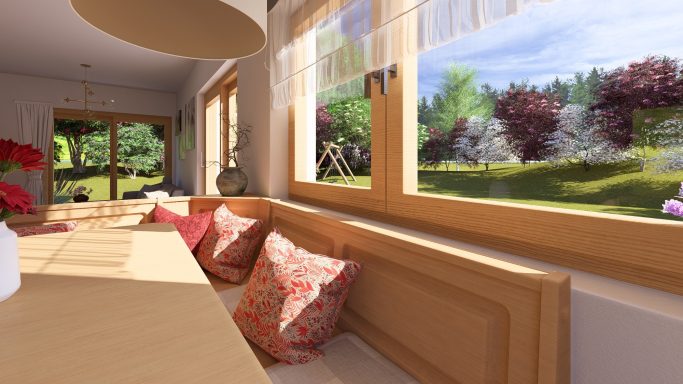 Heller Essbereich mit Holzfenstern, Blick auf einen Garten mit bunten Pflanzen.