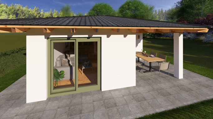 Ein modernes, einstöckiges Haus mit Terrasse und großen Fenstern in einem Garten.