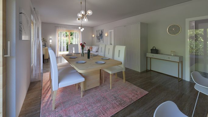Heller Essbereich mit einem großen Holztisch, Stühlen und einer modernen Dekoration.