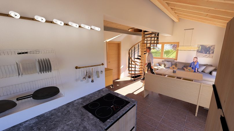 Moderne Küchenansicht mit offenem Wohnbereich und Treppe. Helle, einladende Atmosphäre.