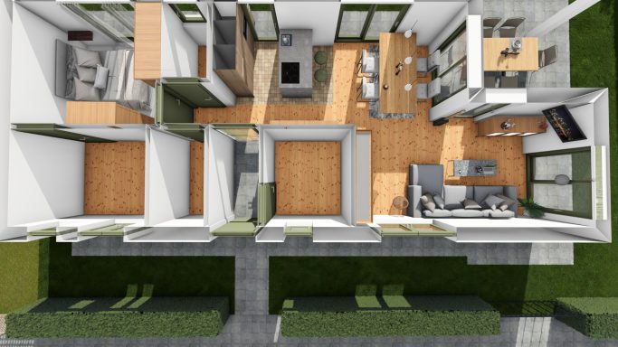 Grundriss eines modernen Hauses mit mehreren Räumen und heller Holzfußboden.