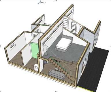 3D-Schnittmodell des Bungalows Eleonore mit Treppe zur Galerie, sichtbarer Raumaufteilung und modernem Innenausbau – Architekturvisualisieru