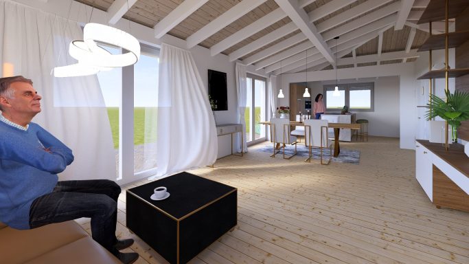 Moderne Wohnumgebung mit einem Mann, einem Tisch und großen Fenstern für viel Tageslicht.