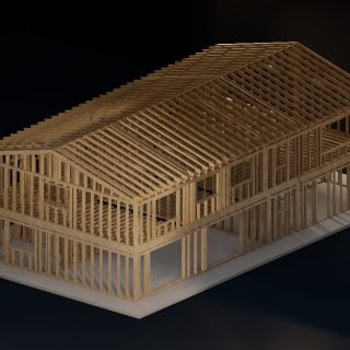 3D-Visualisierung einer Holzständerbau-Konstruktion mit tragendem Rahmen, ideal für nachhaltigen Hausbau, ökologische Materialien