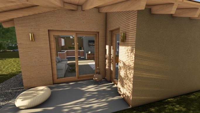 Moderne, einladende Hausansicht mit großen Fenstern und Holzdekor im Garten.