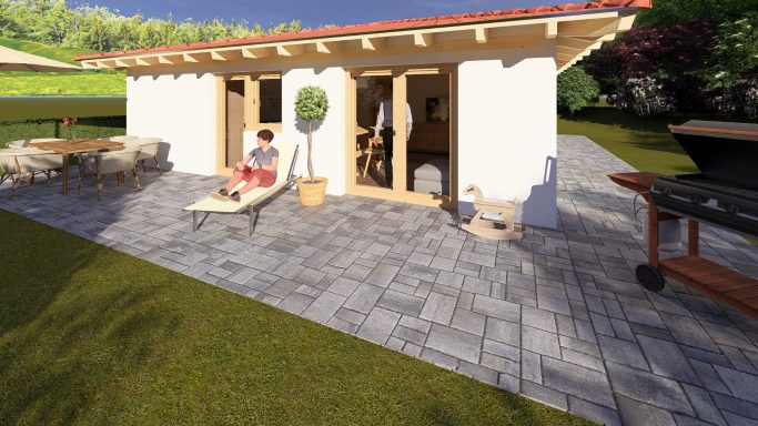 Gemütliches Gartenhaus mit Terrasse, Liege und Grillbereich, umgeben von Rasen und Pflanzen.