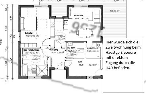 Grundriss des Bungalows Eleonore mit geplanter Zweitwohnung und direktem Zugang über den Hausanschlussraum – barrierefreie Holzbauweise mit