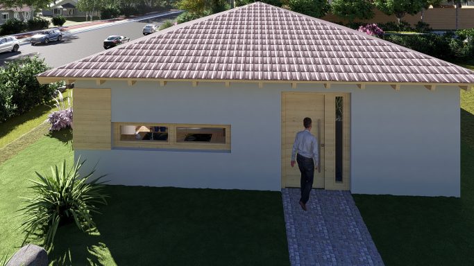 Einfamilienhaus mit grauer Fassade, braunem Dach und bepflanztem Garten.
