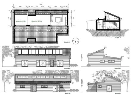 Bauzeichnung des Bungalows Eleonore mit Dachgeschoss-Grundriss, Querschnitt und allen vier Außenansichten – moderner Holzbau in Pultdachausf