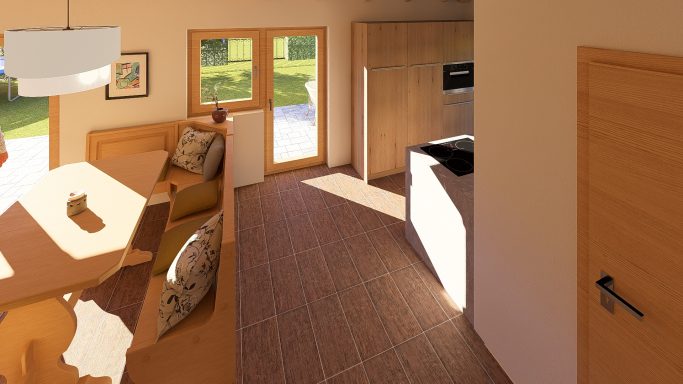 Helle, moderne Küche mit Essbereich und großen Fenstern im Hintergrund.