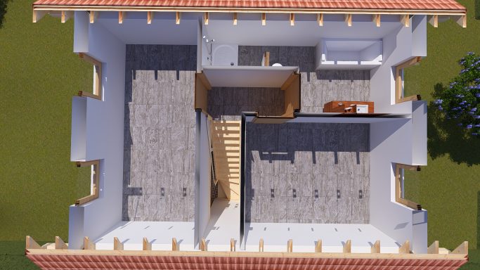 Grundriss eines Hauses mit einem zentralen Treppenhaus und mehreren Räumen.