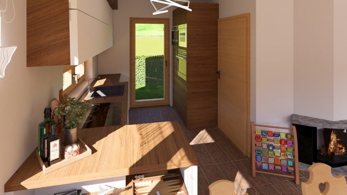 Helle Küche mit Holzregalen, offenem Fenster und Zugang zur Terrasse.