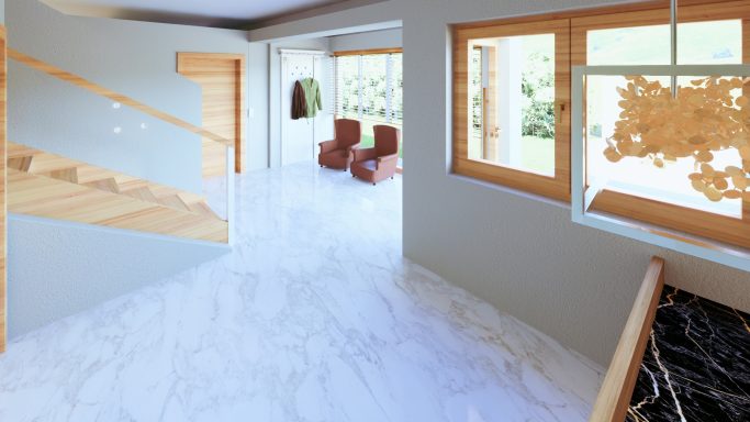 Helle, moderne Wohnung mit Treppe, Fenster und gemütlichen Sesseln.