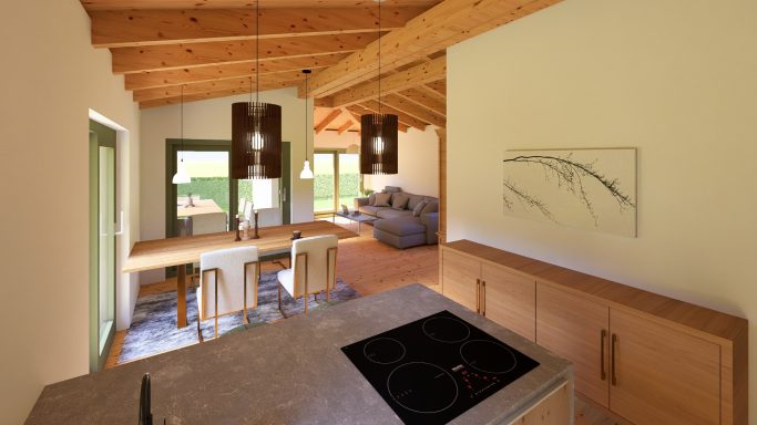 Moderne Wohnküche mit offener Raumgestaltung und Holzbalkendecke.