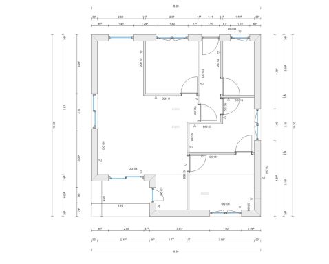 Grundriss eines Hauses mit mehreren Räumen und Maßangaben.