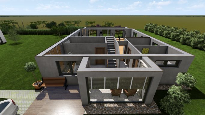Moderne Architektur eines offenen, einstöckigen Hauses mit Garten und großen Fenstern.