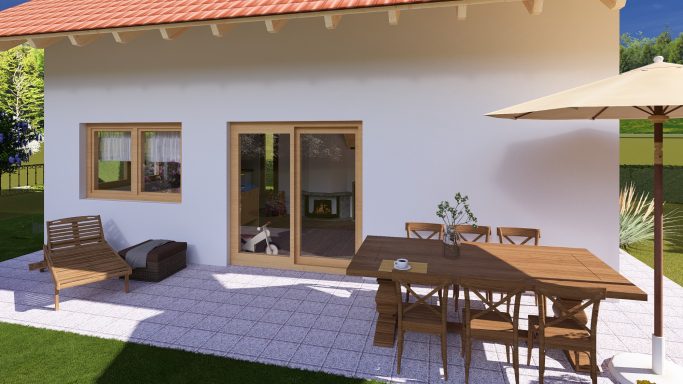 Moderne Sommerterrasse mit Holzstuhl, Tisch und Sonnenschirm an einem Haus.