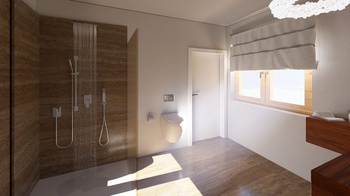 Moderner Badezimmerbereich mit Dusche, Fenster und Holzverkleidung.
