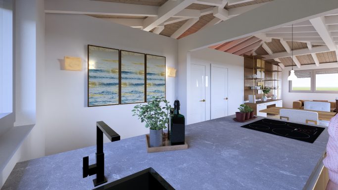 Heller Wohnraum mit Pflanze, Kunstwerk an der Wand und modernen Möbeln.