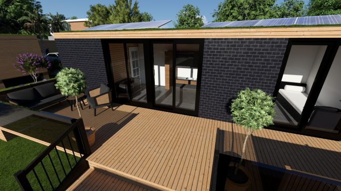 Moderne Holzhütte mit Terrasse, Solarpanelen und begrünten Sitzbereichen.