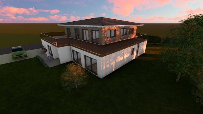 Modern zweigeschossiges Haus mit Dachterrasse und grünem Umfeld bei Sonnenuntergang.