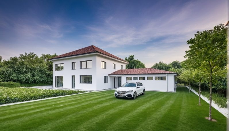 Modernes zweigeschossiges Haus mit rotem Dach und gestreiftem Rasen, daneben ein Auto.