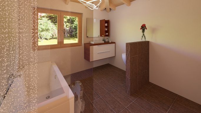Modernes Badezimmer mit Badewanne, Waschbecken und Fenster mit Blick ins Grüne.