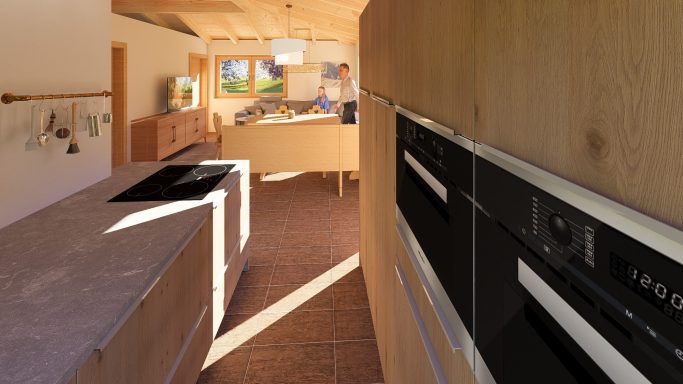Moderne Küche mit Holzoberflächen, Kochfeld und großen Fenstern für Tageslicht.