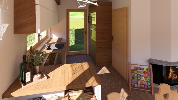 Helle Küche mit Holzregalen, Fenster zur Terrasse und ganzem Stapel Spielzeug in der Ecke.