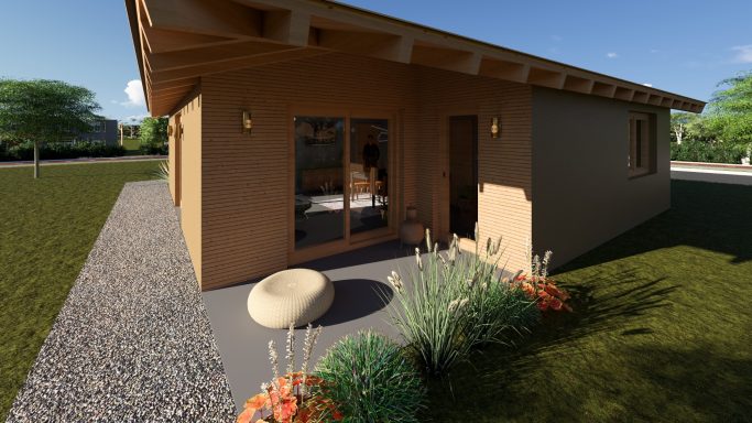 Ein modernes, einstöckiges Haus mit Holzdetails, umgeben von einem Garten und Bäumen.