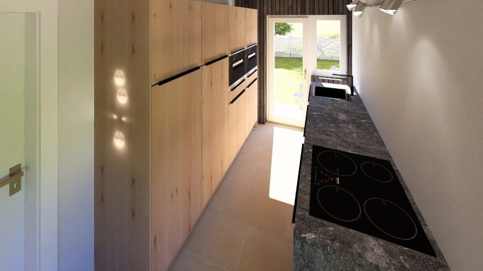 Moderne Küche mit Holzschränken, Herd und Fenstern, die Licht hereinlassen.