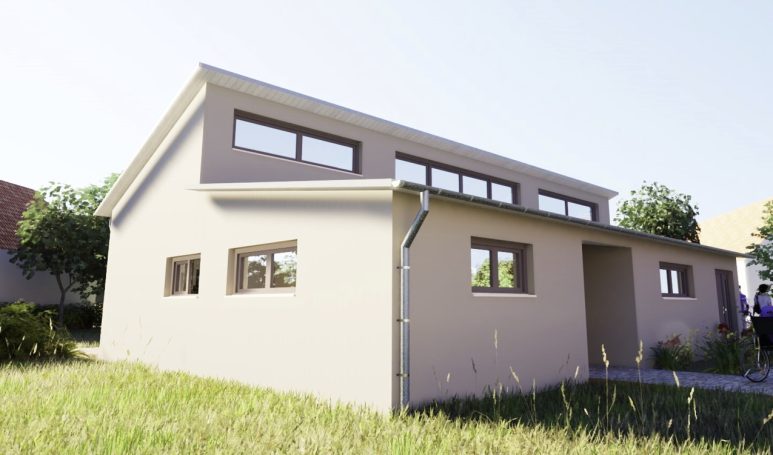 Moderner, einfarbiger Wohnhaus mit vielen Fenstern in einer grünen Umgebung.