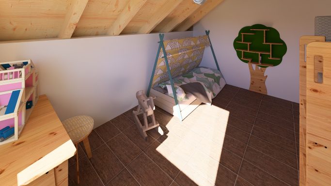 Spielzimmer mit Hochbett, Holzstuhl und Baum-Wandmalerei. Helle Holzakzente.