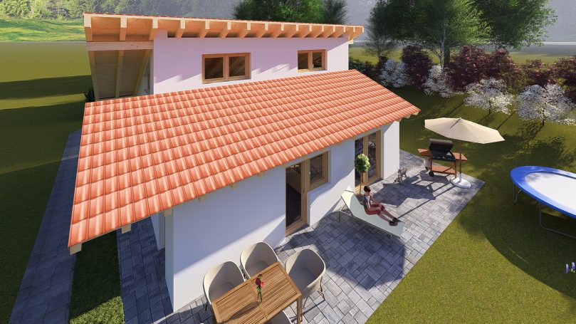 Haus mit rotem Ziegeldach, Terrasse, Liegen und Garten in sonniger Umgebung.