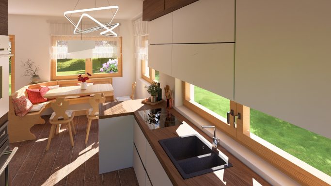 Moderne Küche mit Essbereich, großen Fenstern und natürlichem Licht.