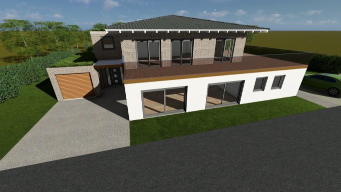 Moderne Villa mit flachem Dach, großen Fenstern und Garage, umgeben von Grünflächen.