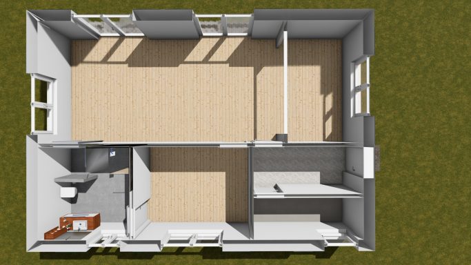 Grundriss eines modernen Hauses mit einem offenen Wohnbereich, Küche und zwei separaten Räumen.