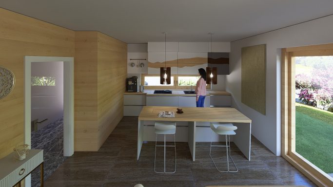 Moderne, helle Küche mit Holzverkleidung und einer Person, die am Tisch steht.
