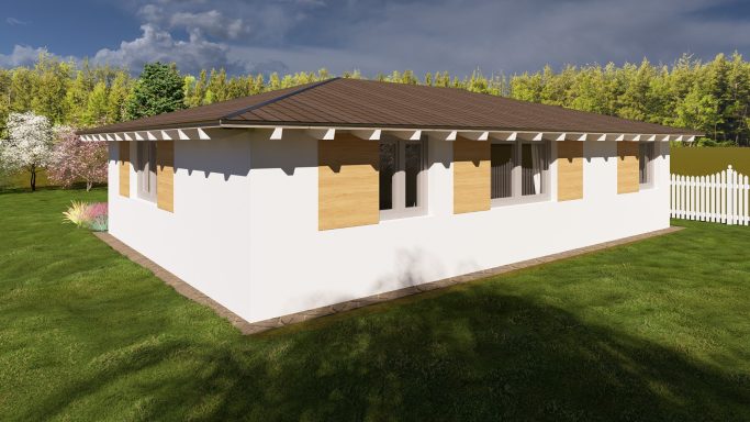 Ein modernes, einstöckiges Wohnhaus mit Holzfensterläden und gepflegtem Garten.