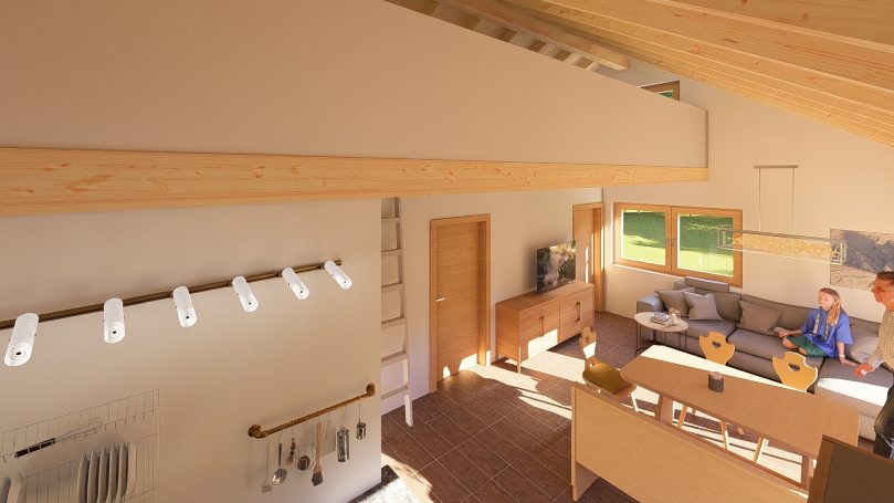 Helles, modernes Wohnzimmer mit Holzregalen und großen Fenstern, gemütlicher Sitzgruppe.