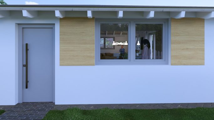 Hausfassade mit einem Fenster und einer Tür, Holzverkleidung an den Fenstern.