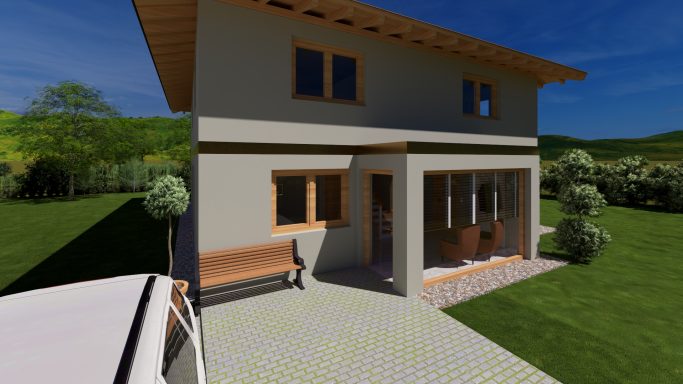 Modernes zweigeschossiges Haus mit Terrasse, Garten und angrenzendem Parkplatz.
