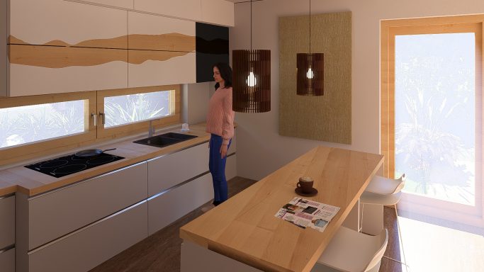 Moderne Küche mit Holzdetails, einem Tisch und einer Person, die am Counter steht.