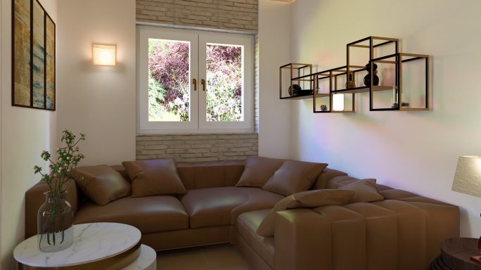 Gemütliches Wohnzimmer mit brauner Couch, Beistelltisch und Wandregal. 