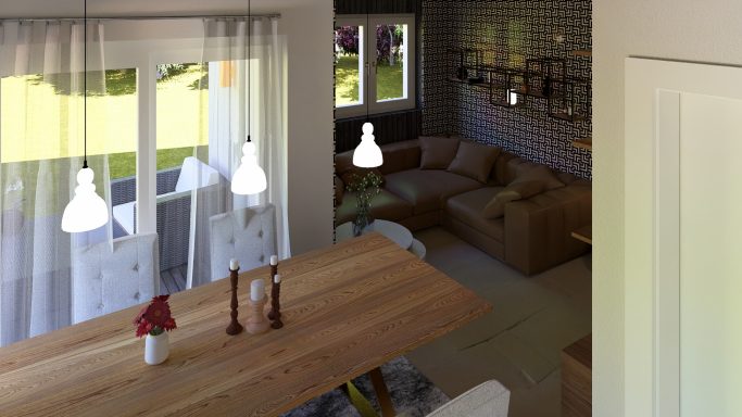 Heller Wohnraum mit Fenster, Holzstisch und gemütlicher Couch.