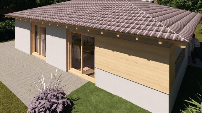 Modernes Einfamilienhaus mit einem Satteldach und Holzverkleidung. Gartenlandschaft im Vordergrund.