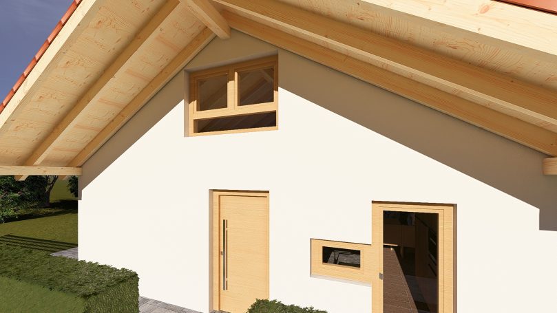 Haus mit hellem Putz, Holzverkleidung und großen Fenstern, umgeben von Rasen.